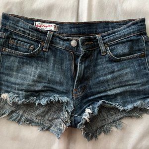 Red Engine Raw Hem Denim Blue Jean Shorts Size 27